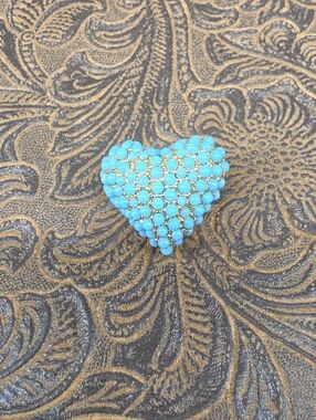 Vintage Turquoise Gold Color Pave Setting Beaded Heart Shaped Brooch Pin